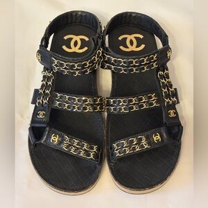 CHANEL Black Leather Chain-Trim Dad Sandals
